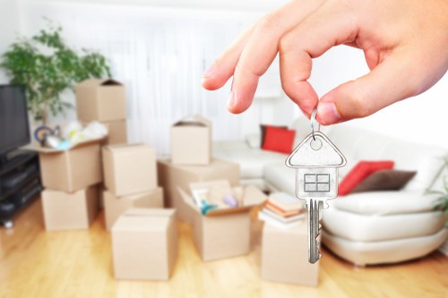 Moving boxes and household belongings prepared for relocation