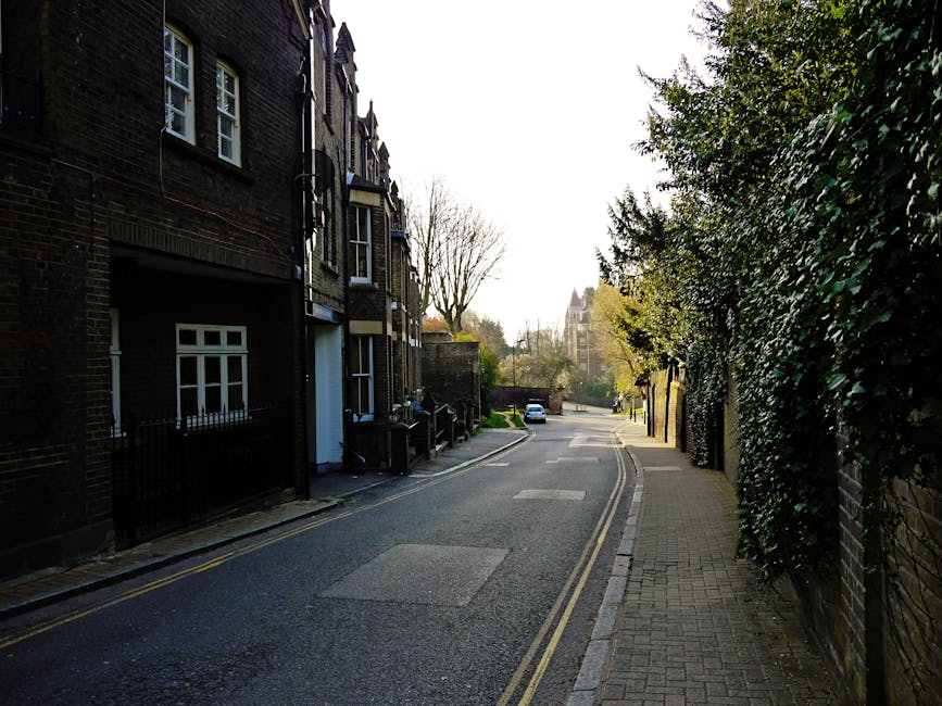 An aerial view of a busy street in Bromley Common showing a small, white, two-storey shop with large windows and a green awning; adjacent to the shop, there are several parked vehicles including a green van, a black car, and a grey van, with people walking on the pavement and near the vehicles. Behind the shop, residential houses with tiled roofs and trees with green foliage are visible, indicating a suburban area suitable for home relocation and furniture transport. The street is partly shaded by trees, and the scene captures the typical moving logistics involved in house removals, such as loading and parking arrangements for a local man with van service, with no visible moving activity happening at this moment.